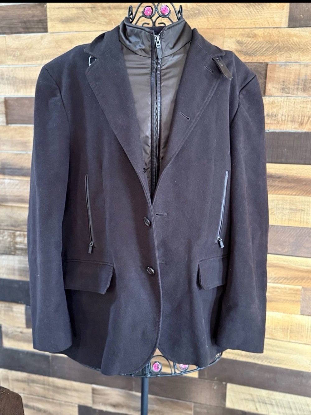 Cole Haan Men's Layered Blazer Car Coat Jacket Black [Insert Size] Zip Bib